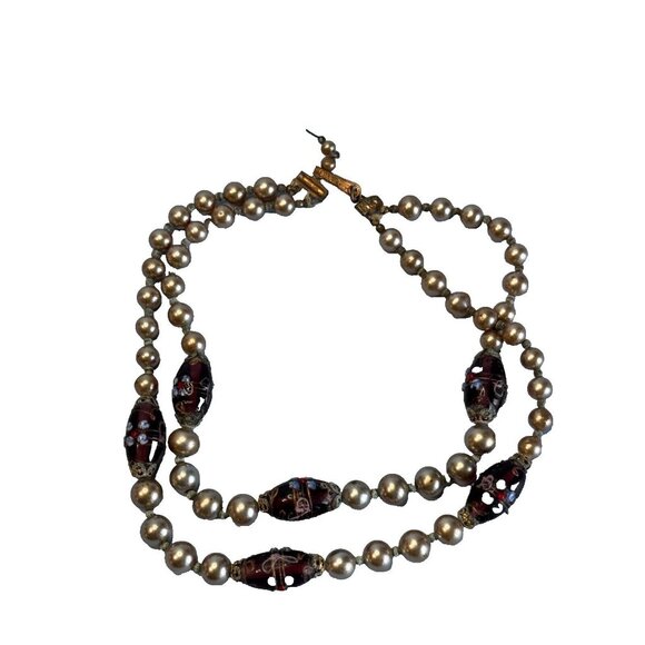 Vintage Japan Cultured Pearl Necklace With Glass Lampwork Beads 16" Elegant Jewe - Picture 4 of 11